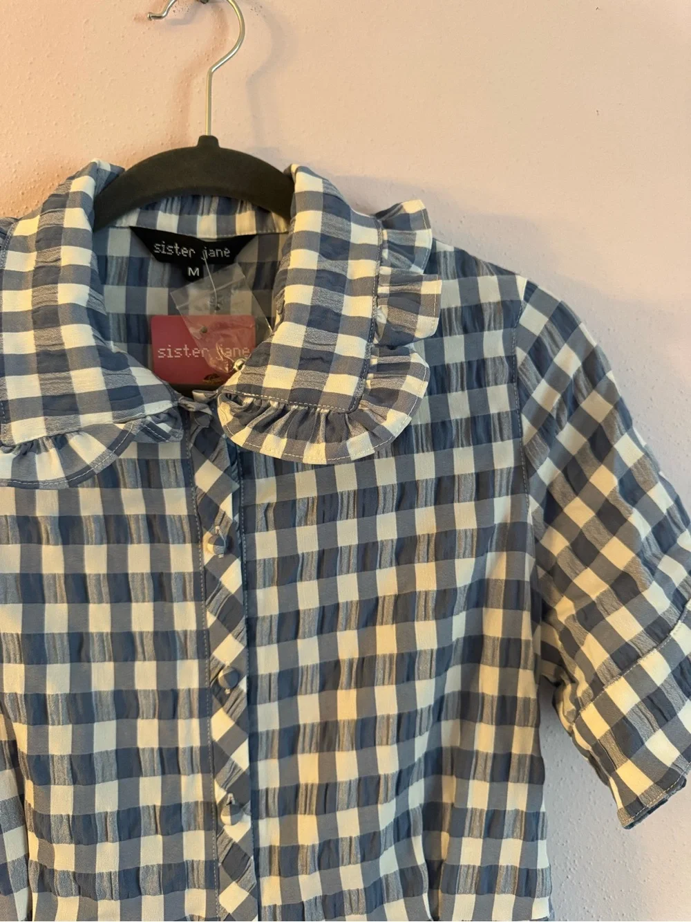 Sister Jane Blue and White Gingham Romper with Ruffle Collar - Picture 5 of 9